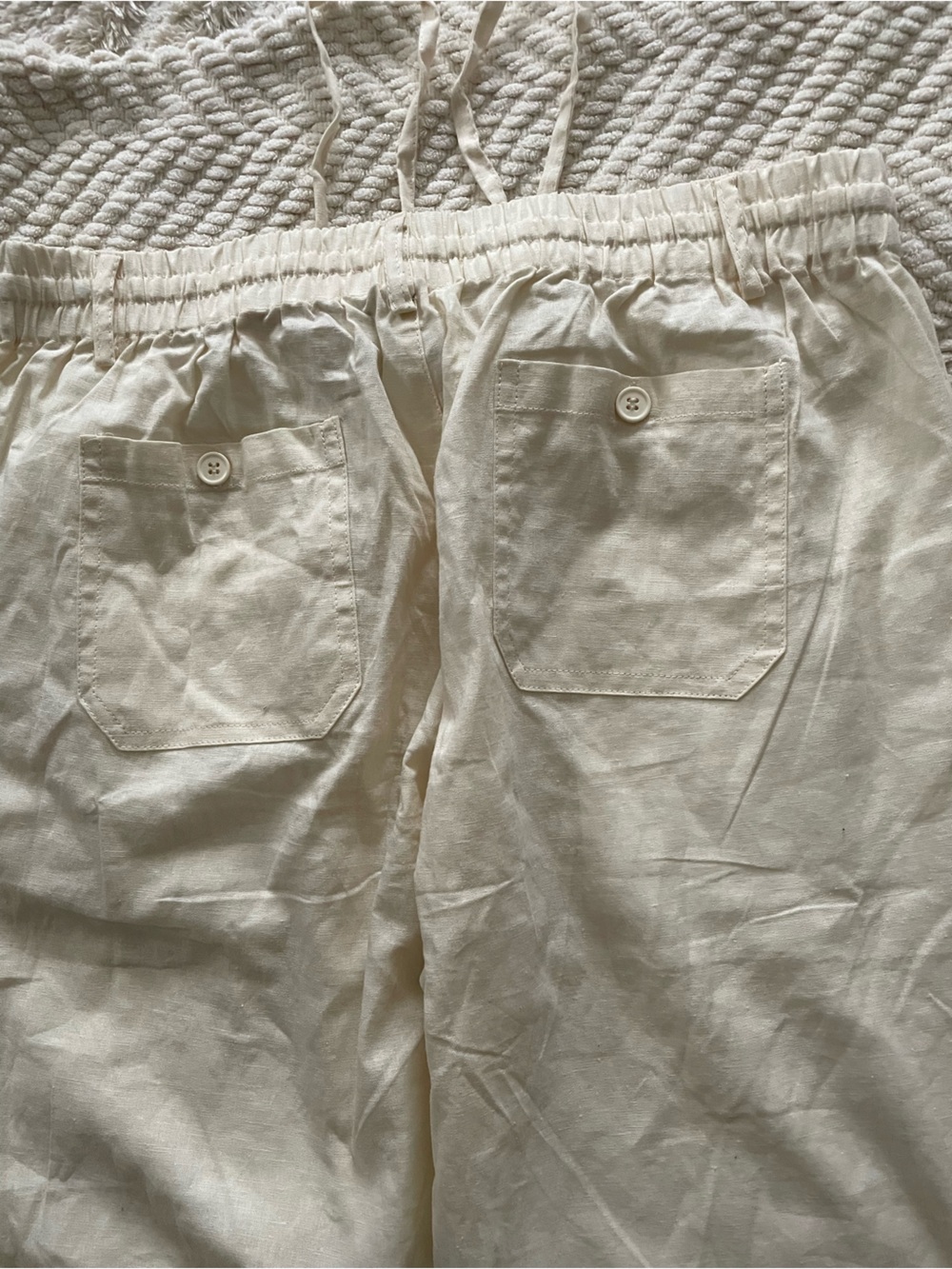 Women's Cream Drawstring Linen Cotton Wide-Leg Pants - Picture 7 of 10